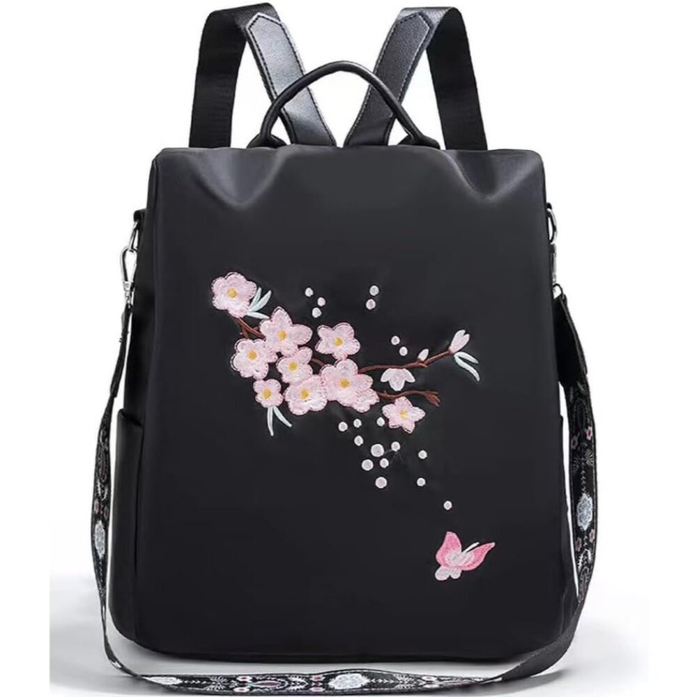 💫 Women Black Mini fashion Backpack Nylon Embroidery Anti-theft Shoulder Bag